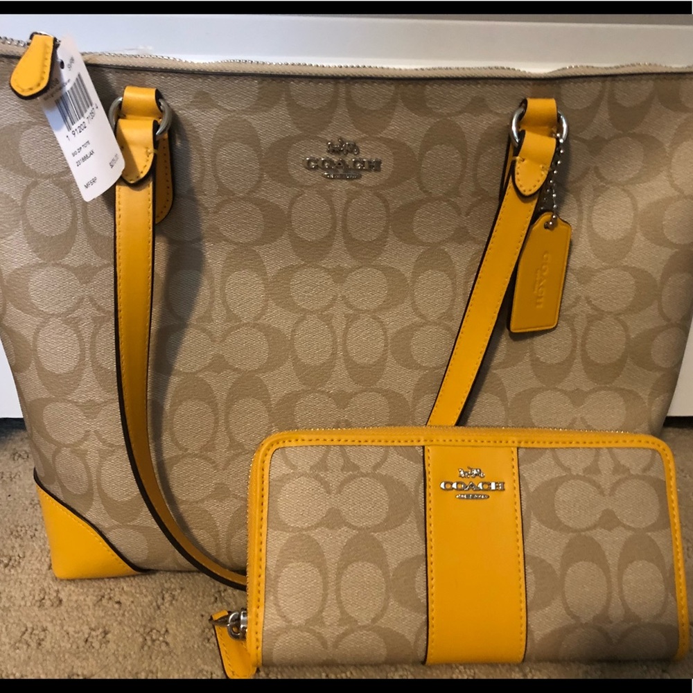 NWT yellow Zip Top Coach purse and wallet